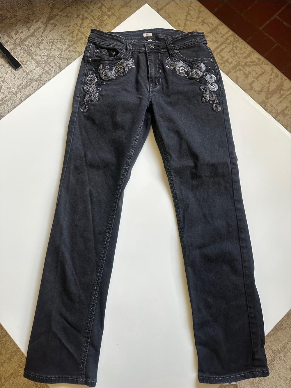 Reba Black Straight Leg Jeans with Embroidered Sequin Accents